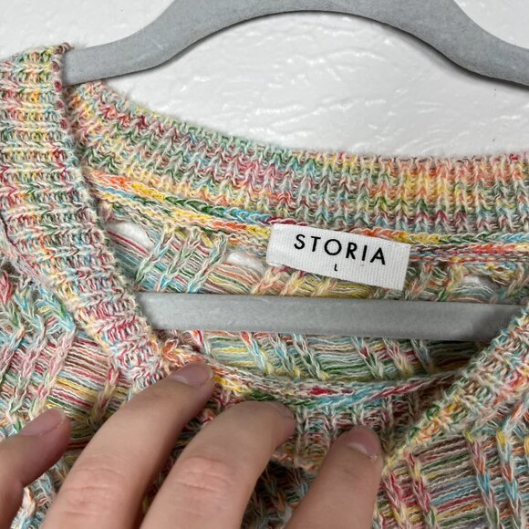 STORIA Chunky Rainbow Crew neck Knit Zig Zag Weave Sweater Sz. L - Picture 2 of 9